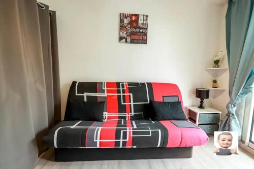1 dormitorio con 1 cama en rojo blanco y negro en Au petit repère palois -studio - centre ville-balcon-WIFI FIBRE en Pau