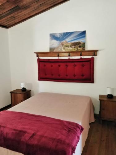 a bedroom with a bed with a red headboard at Casa Janeiro Alentejo in Portalegre
