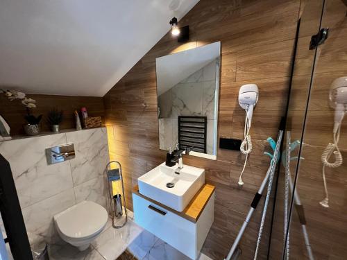 a bathroom with a sink and a toilet and a mirror at Apartament nad Śperką in Szczyrk