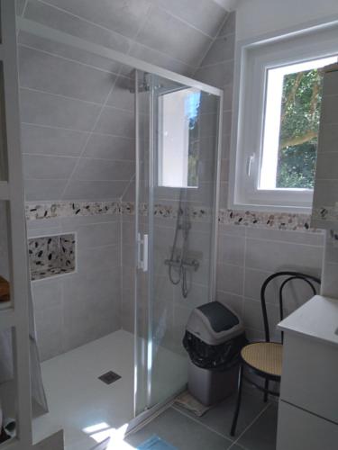 une douche avec une porte vitrée dans une salle de bain dans l'établissement Chambres d'hôtes Saint Quinidic, à Meros