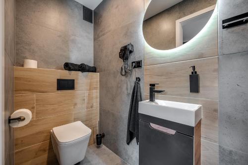 y baño con lavabo, aseo y espejo. en Loft House Apartment Studio z ogródkiem 3, en Rybnik