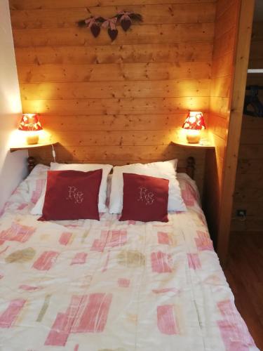 a bed with two red pillows in a room at appartement Ancolie in Saint-Martin-de-Belleville