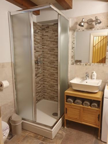 a bathroom with a shower and a sink at House Tuna in Ustrine