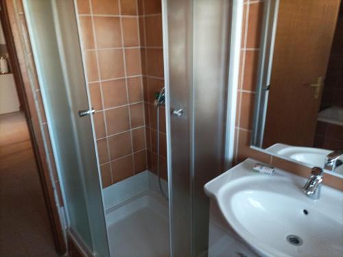 a bathroom with a shower and a sink at Feel Good Apartment Rab Mundanije 131 in Mundanije