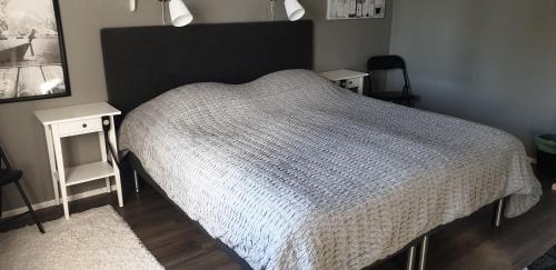 1 dormitorio con 1 cama y 2 mesitas de noche en Rum på Näset 42 i Äppelbo Vansbro en Äppelbo