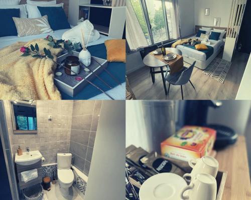 un collage de photos d'une chambre et d'un salon dans l'établissement NOUVEAU - RENOVE - LE PASSAGE - Home-One, à Besançon