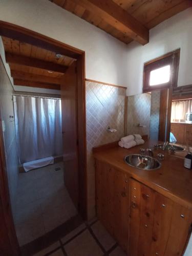a bathroom with a sink and a shower at Cabañas Los Maderos in Villa General Belgrano