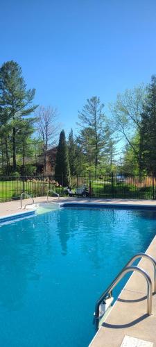 a swimming pool with blue water in a yard at Westwind Inn on the Lake in Buckhorn