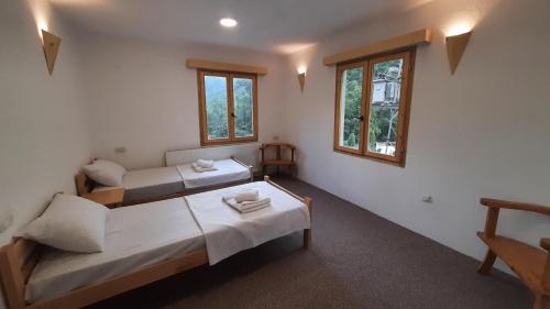 a bedroom with two beds and two windows at Hotel Ravnjak in Dobrilovina