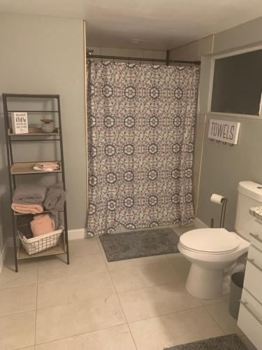 a bathroom with a toilet and a shower curtain at Stylish Basement Studio in Central El Paso - Very spacious in El Paso