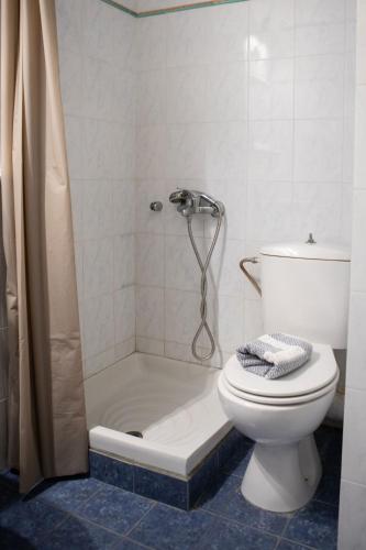 a bathroom with a toilet and a shower at ANGELO Cafe Hotel in Tolo