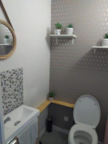 une salle de bain avec des toilettes blanches et un lavabo dans l'établissement Domaine des Favaud, à Lectoure