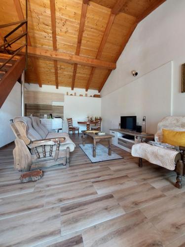a living room with wooden ceilings and wooden floors at Apartman Boljević in Podgorica