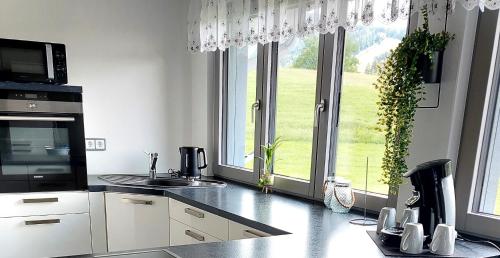 a kitchen with a sink and a large window at Ferienhaus Rasch in Maierhöfen