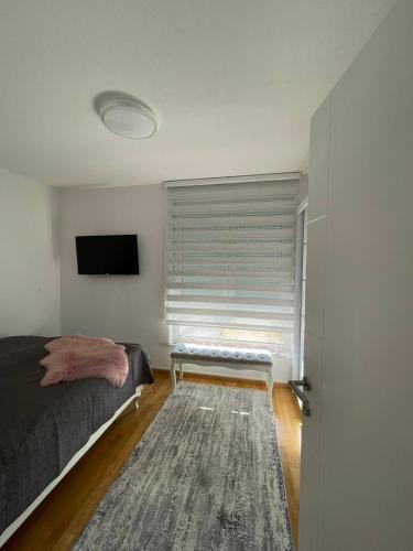 a bedroom with a bed and a window with a television at Apartman Sisters in Sanski most