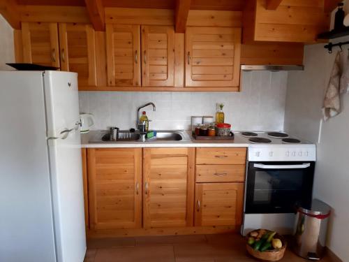 a kitchen with wooden cabinets and a white refrigerator at Traditional house in Akamatra square in Akamatra