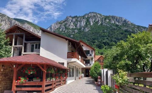 a building with a gazebo in front of a mountain at Casa Mimi in Băile Herculane