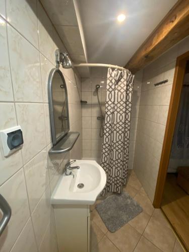 a bathroom with a sink and a mirror and a shower at Pokoje gościnne pod jabłoniami in Darłowo