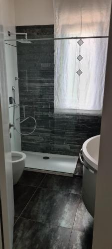 La salle de bains est pourvue d'une douche, d'un lavabo et de toilettes. dans l'établissement Mini appartamento moderno Mola di Bari, à Mola di Bari