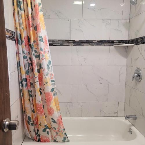 a bathroom with a shower curtain and a tub at Economy inn in Corning