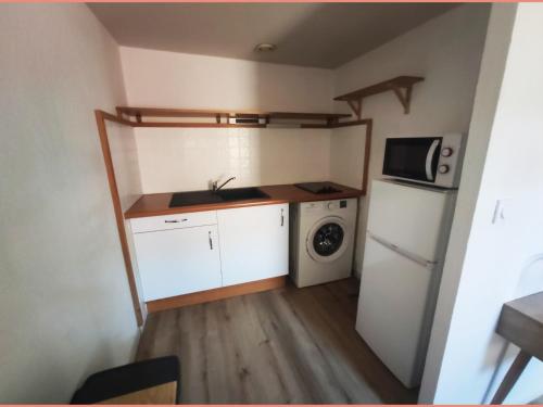 une petite cuisine avec un réfrigérateur et un micro-ondes dans l'établissement Superbe appartement au cœur du centre ville, à Carcassonne