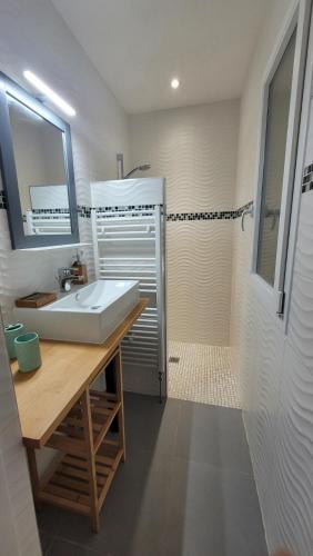 une salle de bain avec un lavabo blanc et une douche dans l'établissement Là Casa 1908, à Le Porge