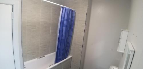 y baño con ducha con cortina azul. en St. James Street Townhouse Belfast, en Belfast