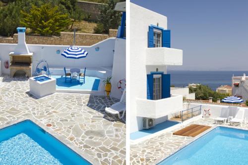 duas fotos de uma casa e uma piscina em Blue Dolphin Studios and Apartment em Vaia