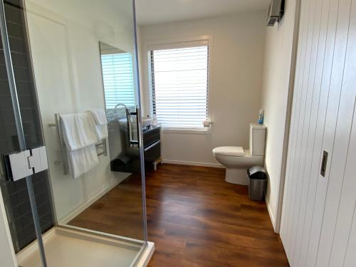 uma casa de banho com um WC e uma cabina de duche em vidro. em Uninterrupted Mountain Views em Twizel