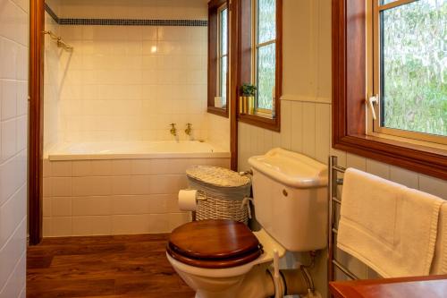 een badkamer met toilet en ligbad bij 37 St James Avenue in Hanmer Springs