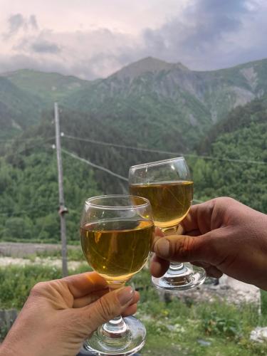 two people holding glasses of wine with mountains in the background at Tamazi guest house in Adishi