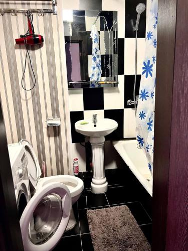 łazienka z toaletą i umywalką w obiekcie Cozy 2 rooms apartment in the center, free WiFi w mieście Duszanbe