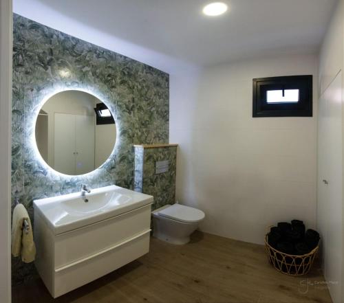 a bathroom with a sink and a toilet and a mirror at Casa Viturna in O Grove