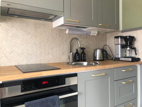 a kitchen with a sink and a counter top at Krepelin Apartments in Kristiinankaupunki