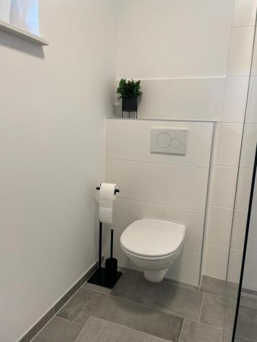 a white bathroom with a toilet and a plant at Sorinas Home WB16 Top 13 in Wagersbach