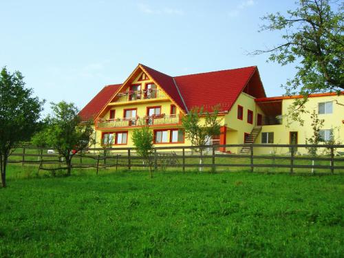 una casa grande con una valla en un campo en Pensiunea Printul Vlad, en Sibiel