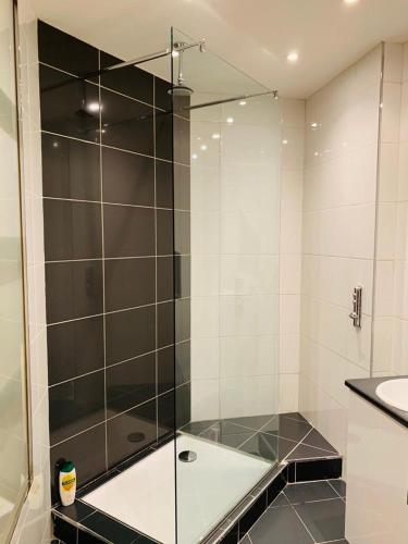 a glass shower in a bathroom with a sink at Executive Central Apartment in Sunderland
