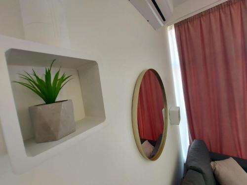 a mirror on a wall with a potted plant at Gajeva Rooms SELF CHECK-IN in Virovitica