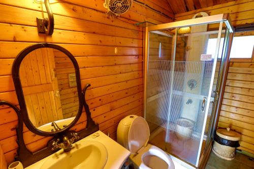 a bathroom with a shower and a toilet and a sink at Resort Primo Bom Terra Verde in Baga