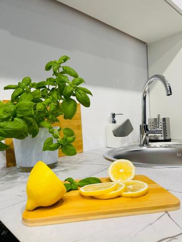 a cutting board with lemons on a kitchen counter at Beds Friends Apartments in Zator