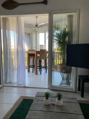 d'un salon avec une porte coulissante en verre et une table. dans l'établissement Le Panima, à Palavas-les-Flots