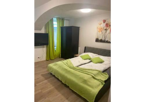 ein Schlafzimmer mit einem Bett mit einer grünen Bettdecke in der Unterkunft Brilliant Souterrain Apt. - Prater Amuesement Park in Wien