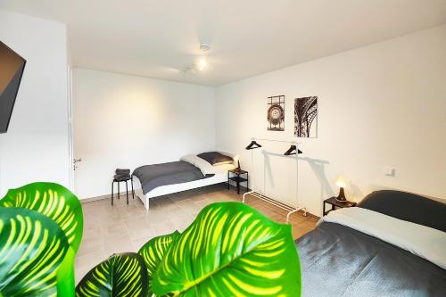 a bedroom with two beds and a couch and a table at Modern Apartment near Offenbach in Seligenstadt in Seligenstadt