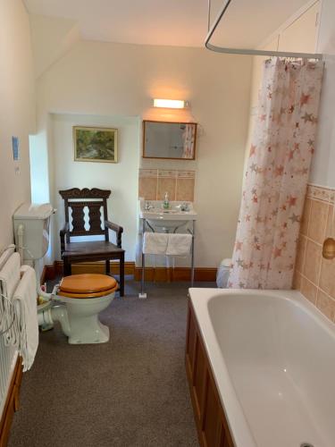 a bathroom with a toilet and a tub and a sink at The Annex Rose Cottage in Lynton