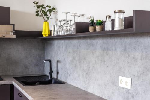 a kitchen with a sink and a counter with plants at Glück Auf Appartements Düppelstraße in Oberhausen