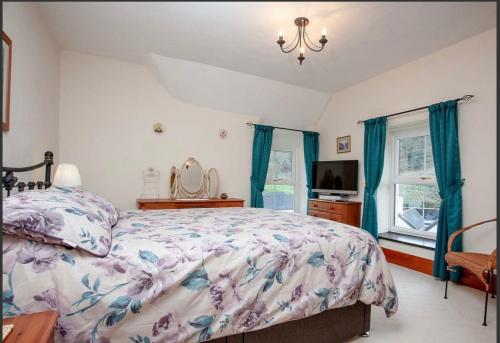 a bedroom with a bed and a television in it at The Annex Rose Cottage in Lynton