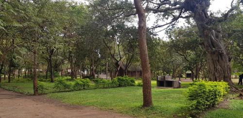 a park with green grass and trees and a path at Barefoot Lodge and Safaris - Malawi in Lilongwe