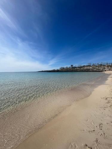 a beach with water and an island in the distance at Residence Sunbeam in Leporano Marina