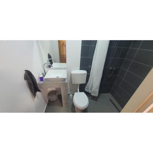 a bathroom with a white toilet and a sink at Budget Apartman LeLo Centar 3 in Osijek