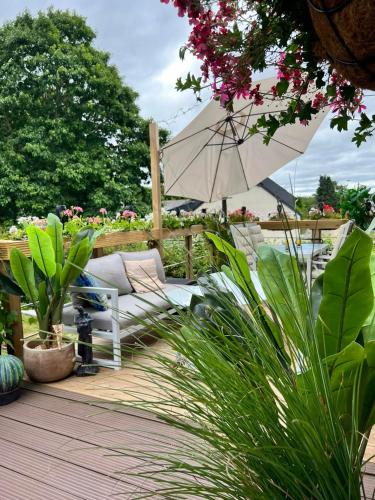 a patio with a chair and an umbrella and some plants at Le Clos fleuri in Fauvillers
